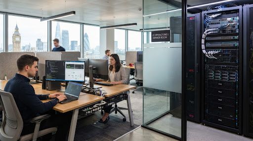 IT team working at laptops and monitors in an open-plan office next to a glass-walled server room with network racks